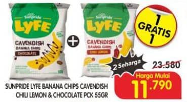 Promo Harga Sunpride Lyfe Cavendish Banana Chips Chili Lemon, Chocolate 55 gr - Superindo