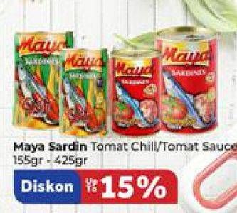 Promo Harga MAYA Sardines Tomat / Tomato, Cabe / Chilli 155 gr - Carrefour