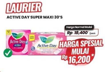 Promo Harga Laurier Active Day Super Maxi NonWing, Wing, Long Wing 30 pcs - Carrefour