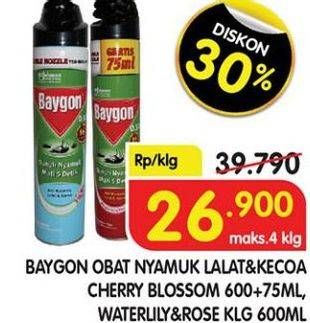 Promo Harga BAYGON Insektisida Spray Water Lily Rose, Cherry Blossom 600 ml - Superindo