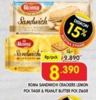 Promo Harga Roma Sandwich Cracker Lemon pck 114gr & Peanut Butter pck 216gr  - Superindo