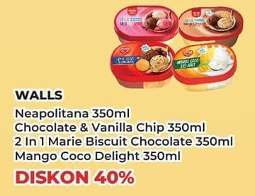 Promo Harga Walls Ice Cream Neopolitana, Chocolate Vanilla With Chocolate Chip, Marie Chocolate, Mango Coco Delight 350 ml - Yogya