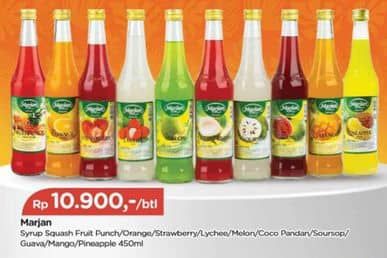 Promo Harga Marjan Syrup Squash FruitPunch, Orange, Strawberry, Leci, Melon, Coco Pandan, Sirsak, Jambu, Mango, Nanas 450 ml - TIP TOP