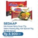 Promo Harga SEDAAP Mie Goreng Salero Padang/ Kari Spesial/ Korean Spicy Soup 77/86/87gr 5s  - Alfamart