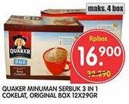 Promo Harga Quaker 3 In 1 Sereal Coklat, Original per 12 sachet 29 gr - Superindo