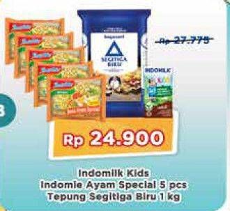 Promo Harga Indomilk Kids, Indomi Ayam Special 5 pcs, Tepung Segitiga Biru 1 kg  - Yogya