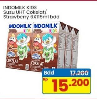 Promo Harga Indomilk Susu UHT Kids Cokelat, Stroberi per 6 tpk 115 ml - Indomaret