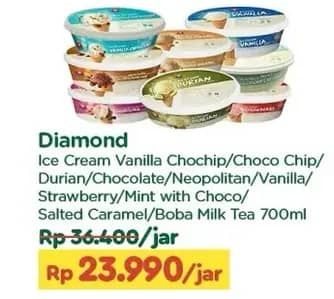 Promo Harga Diamond Ice Cream Vanilla With Chocolate Chip, Chocolate With Chocolate Chip, Durian, Cokelat, Neapolitan, Vanila, Stroberi, Mint With Chocolate Chip, Salted Caramel, Boba Milk Tea 700 ml - TIP TOP