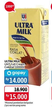 Promo Harga ULTRA MILK Susu UHT Full Cream, Coklat 1000 ml - Alfamidi