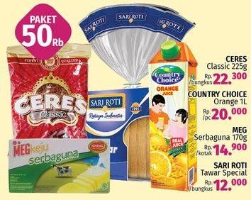 Promo Harga Paket 50rb (Ceres + Country Choice Jus + Meg Keju Serbaguna + Sari Roti Tawar Special)  - LotteMart
