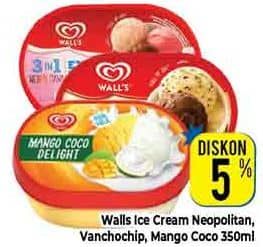 Promo Harga Walls Ice Cream Neopolitana, Chocolate Vanilla With Chocolate Chip, Mango Coco Delight 350 ml - Hypermart
