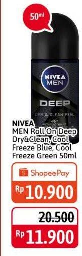 Promo Harga NIVEA MEN Deo Roll On Cool Kick, Cool Kick Freezy Green, Dry Clean 50 gr - Alfamidi