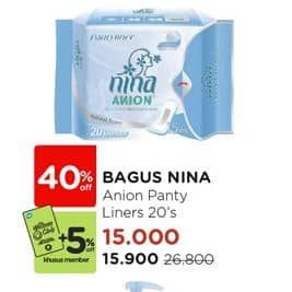 Promo Harga Bagus Nina Anion Pantyliner Natural Scent 15cm 20 pcs - Watsons