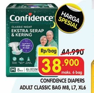Promo Harga Confidence Adult Classic Night Ekstra Serap & Kering M8, L7, XL6 6 pcs - Superindo
