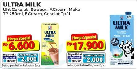 Promo Harga Ultra Milk Susu UHT Coklat, Full Cream, Stroberi, Moka 250 ml - Alfamart