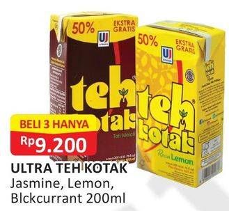 Promo Harga ULTRA Teh Kotak Jasmine, Lemon, Blackcurrant per 3 pcs 200 ml - Alfamart
