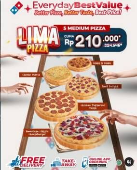 Promo Domino Pizza 5 Medium Pizza HANYA 210rb* atau 40rb-an/pizza. Isi Paket: Medium HT Cheese Mania + American Classic Cheeseburger + Meat n Meat + Beef Delight + Chicken Pepperoni Feast Pizza + 5 Dipping sauce #orderonline dominos.co.id #call 1500366