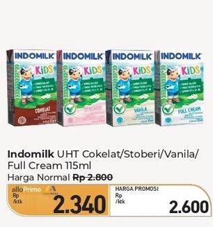 Promo Harga Indomilk Susu UHT Kids Cokelat, Stroberi, Vanila, Full Cream 115 ml - Carrefour