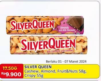 Promo Harga Silver Queen Chocolate Cashew, Almonds, Fruit Nuts, Crispy 55 gr - Alfamart