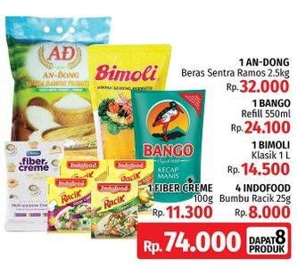 Promo Harga AN-DONG Beras 2.5kg + BANGO Refill 550ml + BIMOLI 1ltr + FIBER CREME 100g + 4pcs INDOFOOD Bumbu Racik 25g  - LotteMart