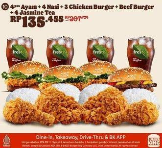 Promo Harga 4pcs Ayam + 4 Nasi + 3 Chicken Burger + Beef Burger + 4 Jasmine Tea  - Burger King