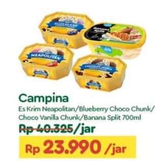 Promo Harga Campina Ice Cream Neapolitan, Blueberry Choco Chunk, Chocolate Vanilla Choco Chunk, Banana Split 700 ml - TIP TOP