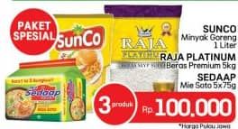 Harga Sunco Minyak Goreng + Raja Platinum Beras + Sedaap Mie Soto