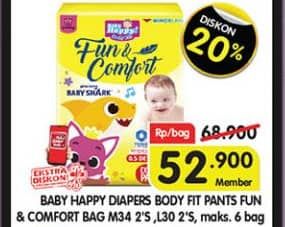 Baby Happy Baby Diapers Pants Fun & Comfort 32 pcs Diskon 23%, Harga Promo Rp52.900, Harga Normal Rp68.900, Maks 6 Bag, Khusus Member