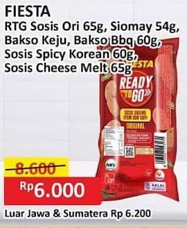 Promo Harga Fiesta Ready To Go Sosis Daging Ayam Dan Sapi Original, Siomay Ayam, Bakso Daging Ayam Keju, Bakso Daging Ayam Barbekiu, Sosis Daging Ayam Dan Sapi Spicy Korean Sauce, Sosis Daging Ayam Dan Cheesy Melts 54 gr - Alfamart