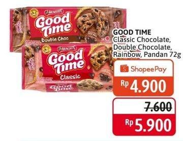 Promo Harga GOOD TIME Cookies Chocochips Classic, Double Choc, Rainbow Chocochip, Pandan Coconut 72 gr - Alfamidi
