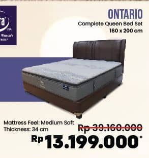 Serta Ontario Complete Queen Bed Set  Diskon 66%, Harga Promo Rp13.199.000, Harga Normal Rp39.160.000, Matress Feel : Medium Soft 
Tickness : 34 Cm