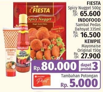 FIESTA Spicy Nugget 500g + INDOFOOD Sambal Pedas Dahsyat 335ml + KEWPIE Mayonaise Original 150g