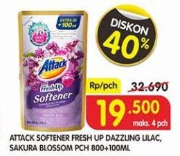 Promo Harga ATTACK Fresh Up Softener Dazzling Lilac, Sakura Blossom 900 ml - Superindo