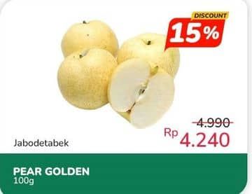 Pear Golden per 100 gr Diskon 15%, Harga Promo Rp4.240, Harga Normal Rp4.990, Indomaret Fresh