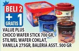 Promo Harga VALUE PLUS Chocolate Wafer Sticks 700gr/STILWEL Wafer Coklat, Vanila 275gr/BALERIA Asst 500gr  - Hypermart