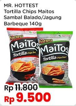 Promo Harga Mr Hottest Maitos Tortilla Chips Sambal Balado, Jagung BBQ 140 gr - Indomaret