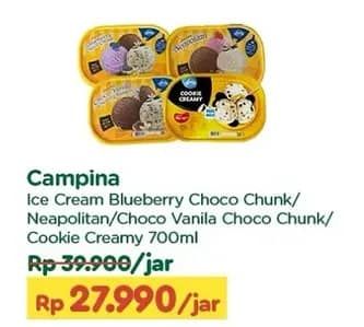 Promo Harga Campina Ice Cream Blueberry Choco Chunk, Neapolitan, Chocolate Vanilla Choco Chunk, Cookie Creamy 700 ml - TIP TOP