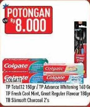 Promo Harga COLGATE Toothpaste Total/Advanced White/Fresh Cool Mint/Toothbrush SlimSoft Charcoal  - Hypermart