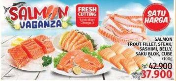 Promo Harga Salmon Trout Fillet, Steak Sashimi, Belly, Saku Blok, Cube  - LotteMart