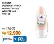 Promo Harga Rexona Deo Roll On Dreamy White, Advanced Brightening 40 ml - Indomaret