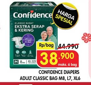 Promo Harga Confidence Adult Classic Night Ekstra Serap & Kering L7, M8, XL6 6 pcs - Superindo