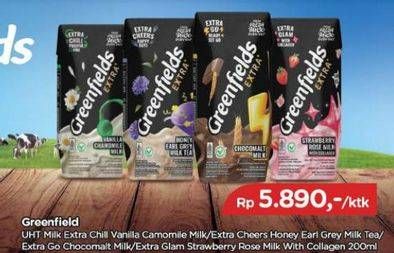 Promo Harga Greenfields UHT Extra Milk Chocomalt, Honey Early Grey, Strawberry Rose Milk, Vanilla Chamomile 200 ml - TIP TOP