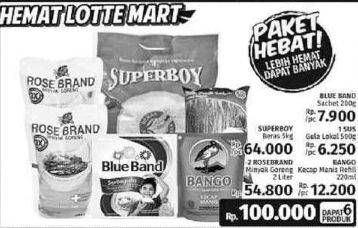 Promo Harga Blue Band Margarine + Superboy Beras 5kg + SUS Gula Lokal + 2 Rose Brand Minyak Goreng 2ltr + Bango Kecap Manis  - LotteMart