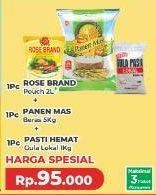 ROSE BRAND Minyak Goreng 2 L + PANEN MAS Beras 5 kg + PASTI HEMAT Gula Pasir Lokal
