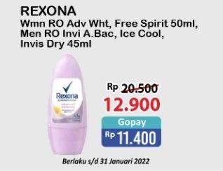 Promo Harga REXONA Deo Roll On Advanced White, Free Spirit 50 mL/ Men Invisible Anti Bacterial, Ice Cool, Invisible Dry 45 mL  - Alfamart