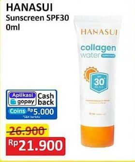 Hanasui Collagen Water Sunscreen 30 ml Diskon 18%, Harga Promo Rp21.900, Harga Normal Rp26.900,  Cashback Rp5.000 dengan GOPAY min transaksi Rp15.000