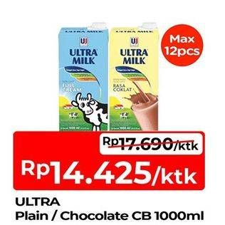 Promo Harga Ultra Milk Susu UHT Full Cream, Coklat 1000 ml - TIP TOP