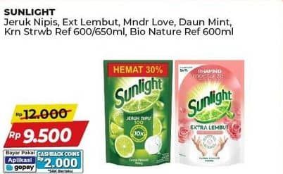 Promo Harga Sunlight Pencuci Piring Jeruk Nipis 100, Extra Lembut, Mandarin Orange, Anti Bau With Daun Mint, Korean Strawberry, Biocare Nature 600 ml - Alfamart