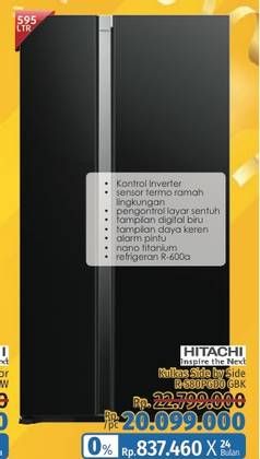 Promo Harga HITACHI RS80PGD2GBK | Side By Side Refrigerator  - LotteMart