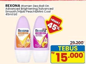 Promo Harga Rexona Deo Roll On Advanced Brightening, Advanced Smooth, Hijab Natural Peach Mint Cool 45 ml - Indomaret